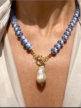 Bohemian Baroque Necklace Blue/White Porcelain Beads Front Toggle Closure